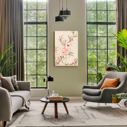 A picture of Peach tree branches with leaves and blossoms, a mockup of the print leaning against a wall