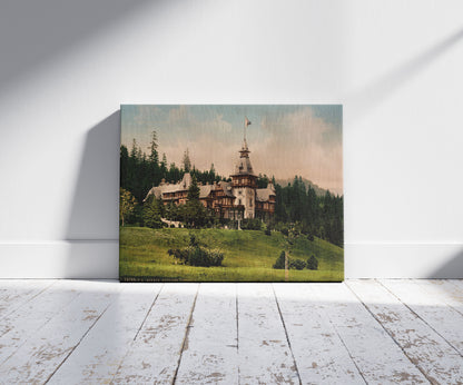 A picture of Pelesch (i.e., Peles) Castle, Sinaia, Roumania, a mockup of the print leaning against a wall