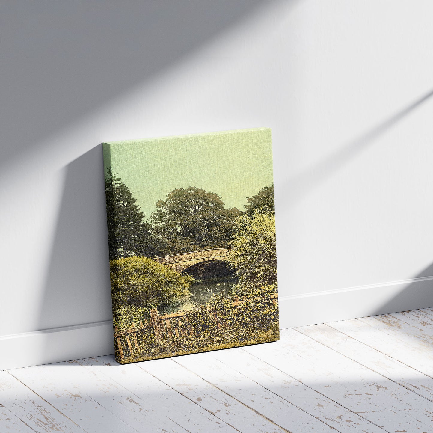 A picture of Penshurst Bridge, Tunbridge Wells, England, a mockup of the print leaning against a wall