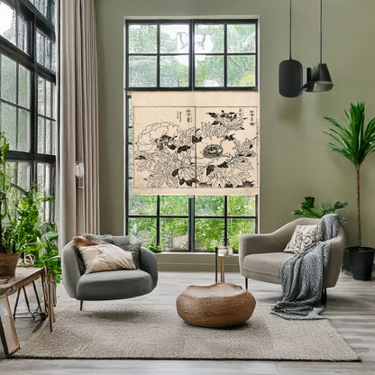 A picture of Peony blossoms, a mockup of the print leaning against a wall