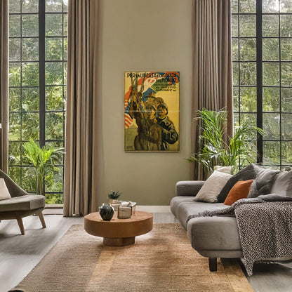 A picture of Per la libertà e la civiltà del mondo, a mockup of the print leaning against a wall