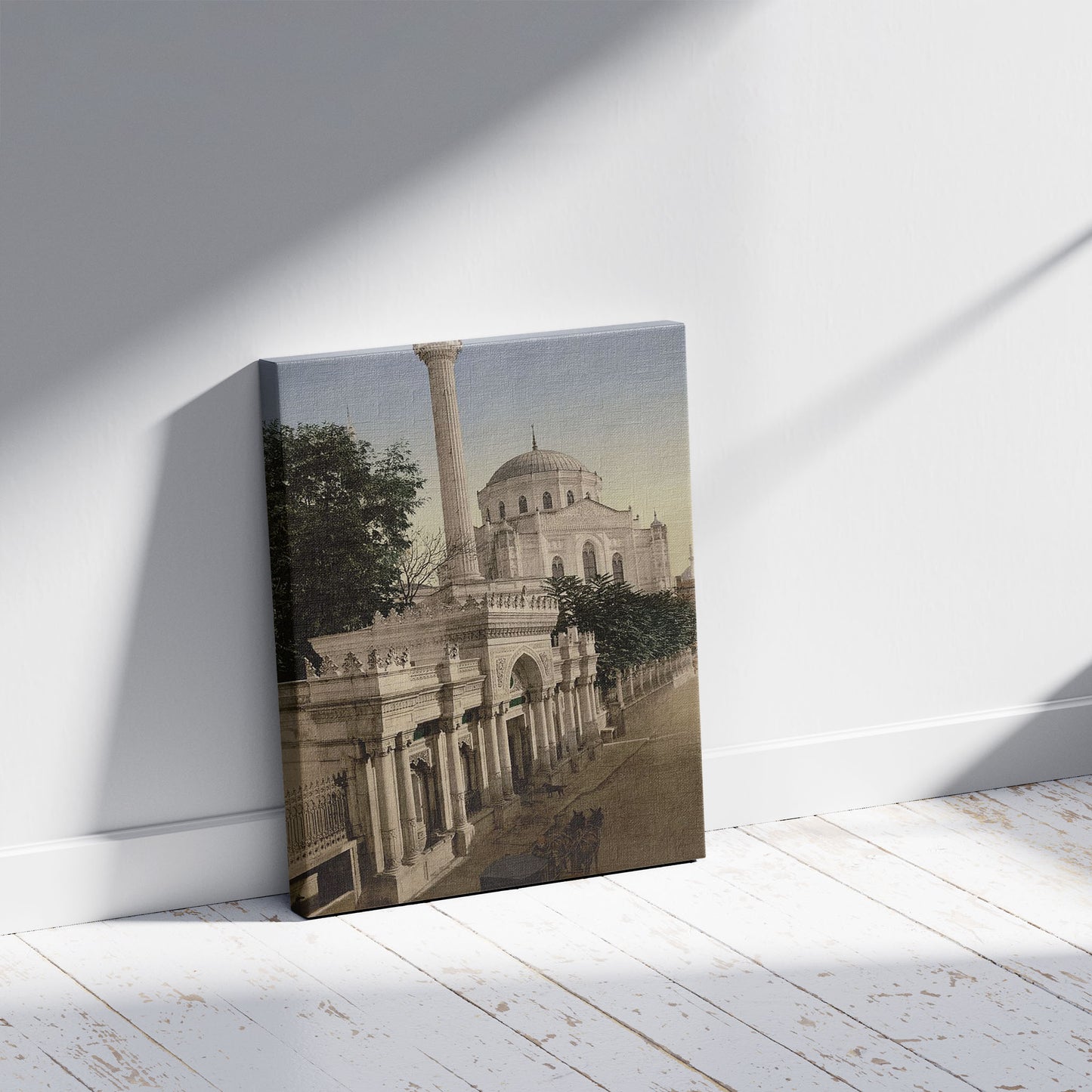 A picture of Pertevniyal Valide Sultan Camii, Aksaray, Constantinople, Turkey, a mockup of the print leaning against a wall