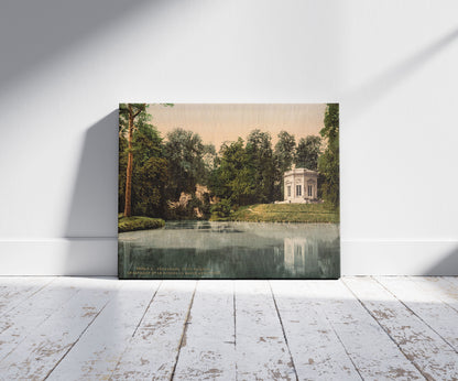 A picture of Petit Trianon, the Pavillion and the Rock of Marie Antoinette, Versailles, France, a mockup of the print leaning against a wall