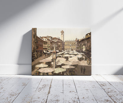 A picture of Piazza delle Erbe, Verona, Italy, a mockup of the print leaning against a wall