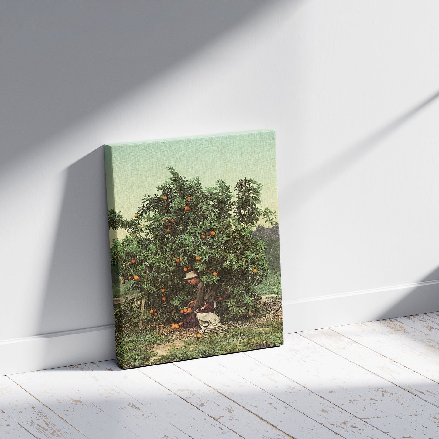 A picture of Picking oranges, a mockup of the print leaning against a wall