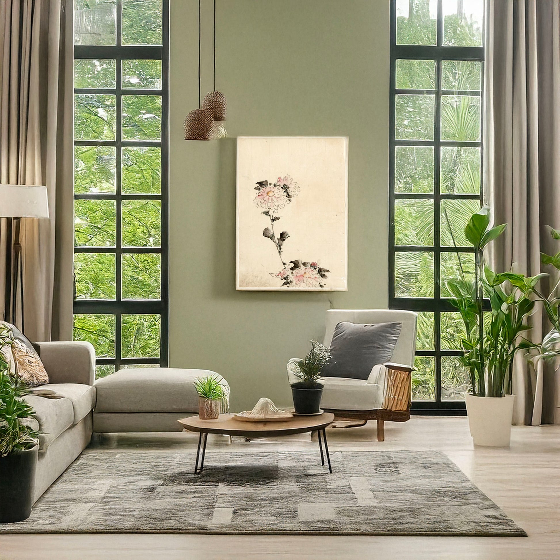 A picture of Pink flower blossoms on low stalk and two on a tall stalk, a mockup of the print leaning against a wall