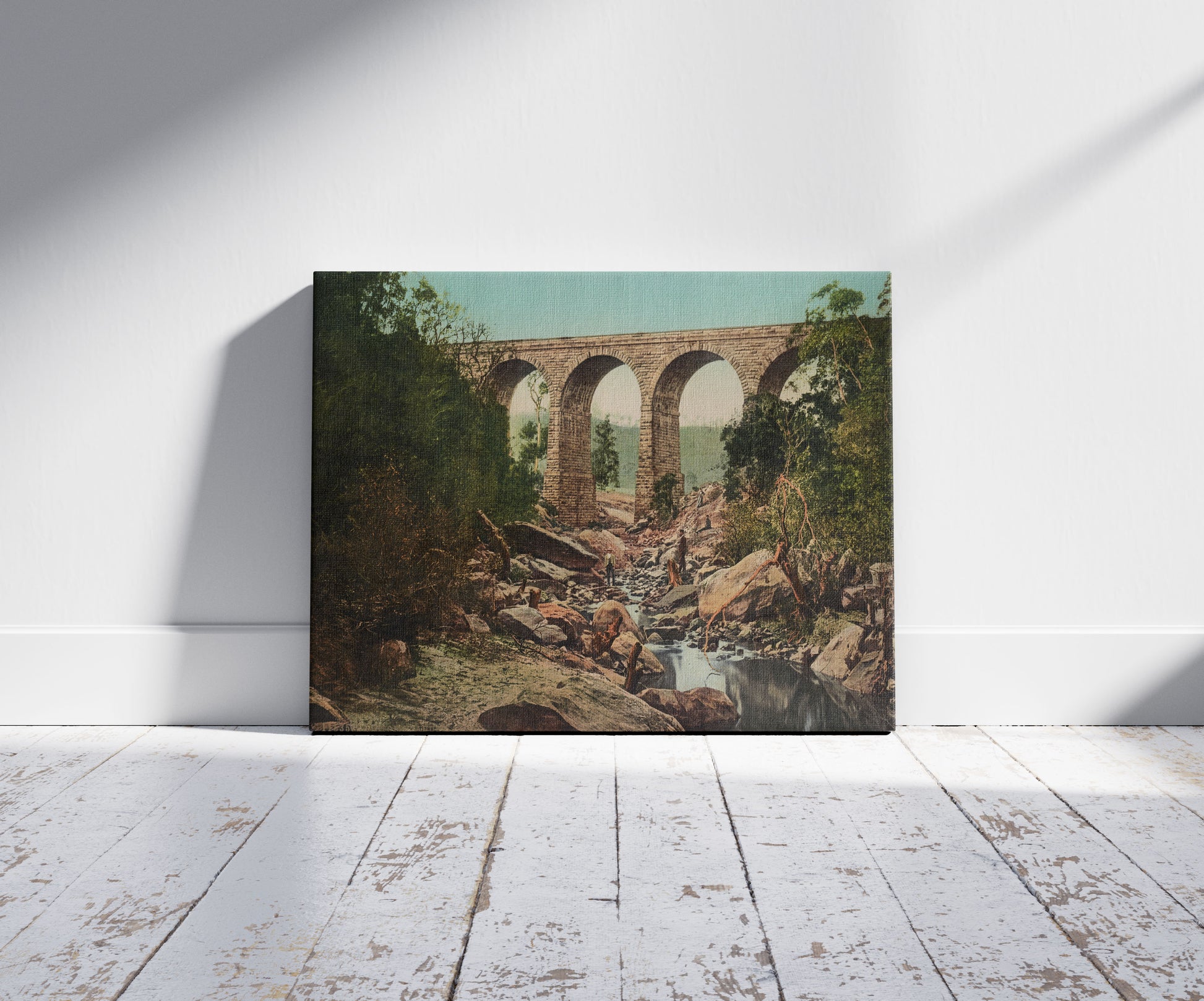 A picture of Pioton i.e., Picton Viaduct, a mockup of the print leaning against a wall