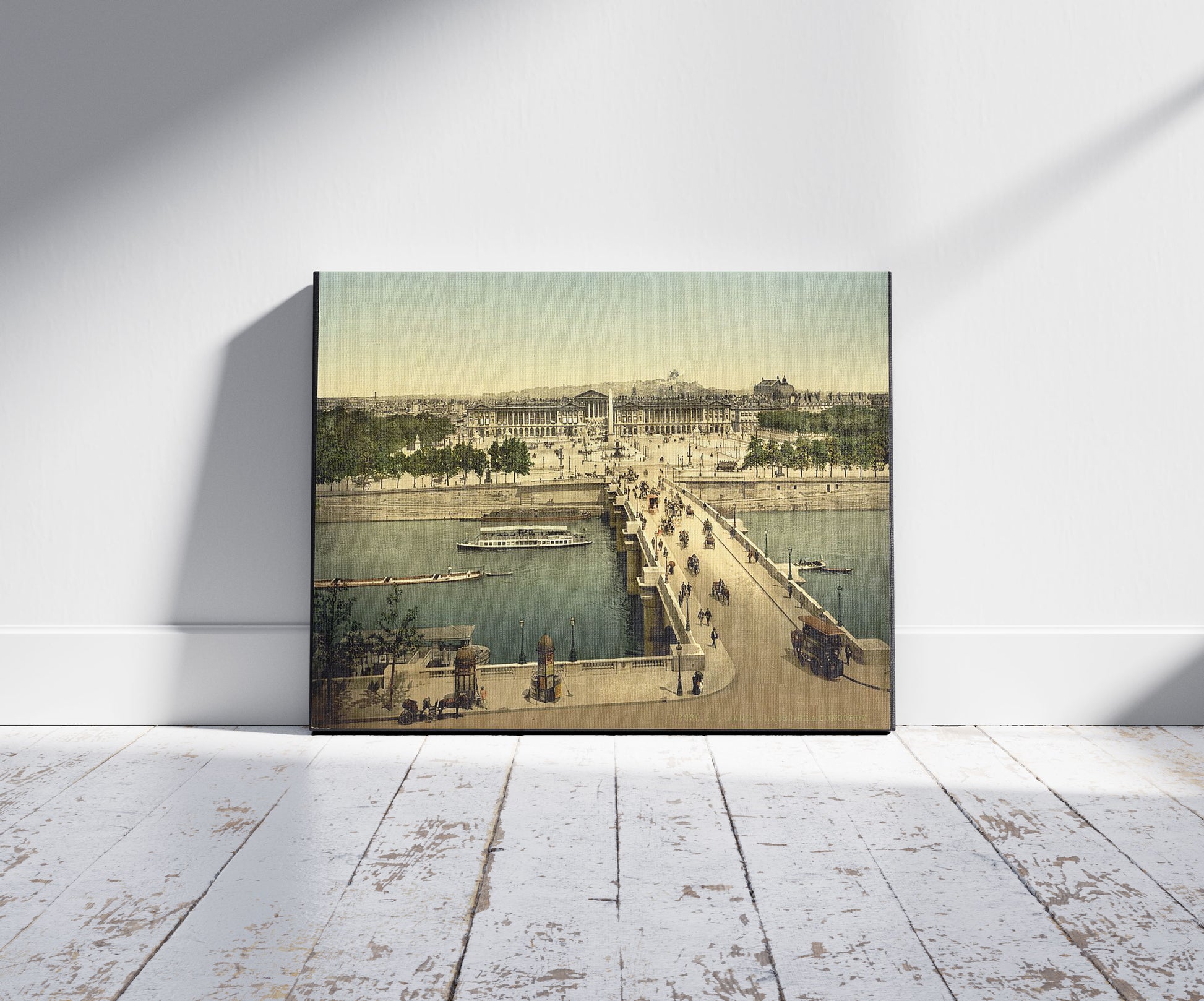 A picture of Place de la Concorde, Paris, France, a mockup of the print leaning against a wall