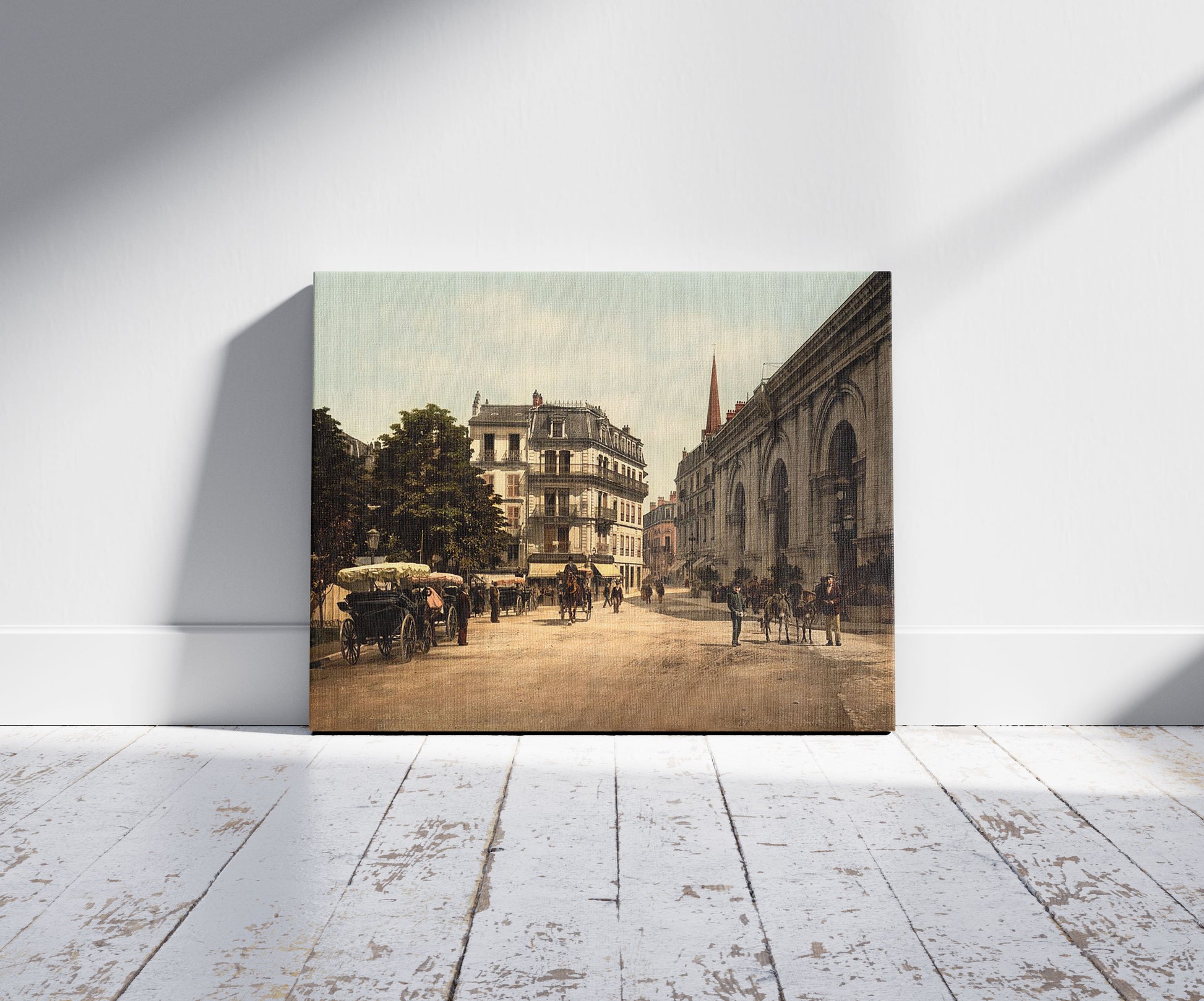 A picture of Place de l'etablissement thermal, Aix, France, a mockup of the print leaning against a wall