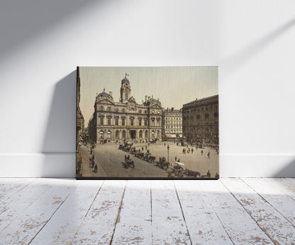 A picture of Place de Terreaux, Lyons, France, a mockup of the print leaning against a wall