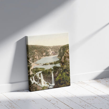 A picture of Pletvicerseen (i.e., Plitvice Lake), Ermitensee, Croatia, Austro-Hungary, a mockup of the print leaning against a wall