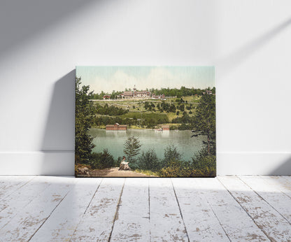 A picture of Pletvicerseen (i.e., Plitvice Lakes), tourist's rest and hotel at Kozjaksee, Croatia, Austro-Hungary, a mockup of the print leaning against a wall