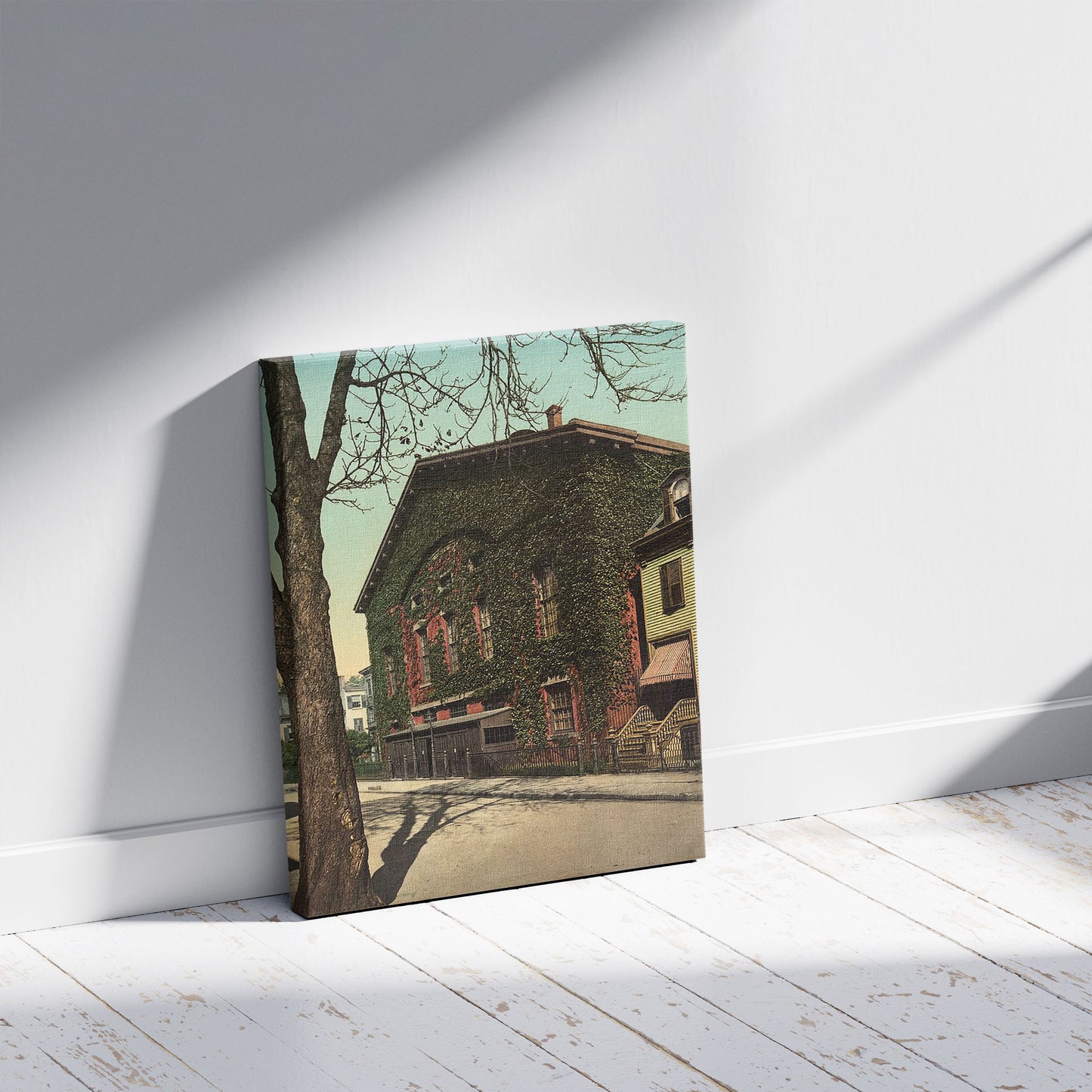 A picture of Plymouth Church, Brooklyn, N.Y., a mockup of the print leaning against a wall