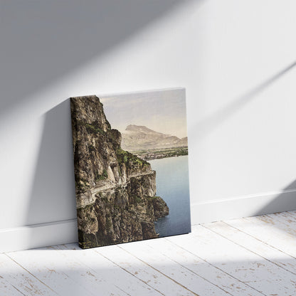 A picture of Ponale Road and view of Riva, Lake Garda, Italy, a mockup of the print leaning against a wall