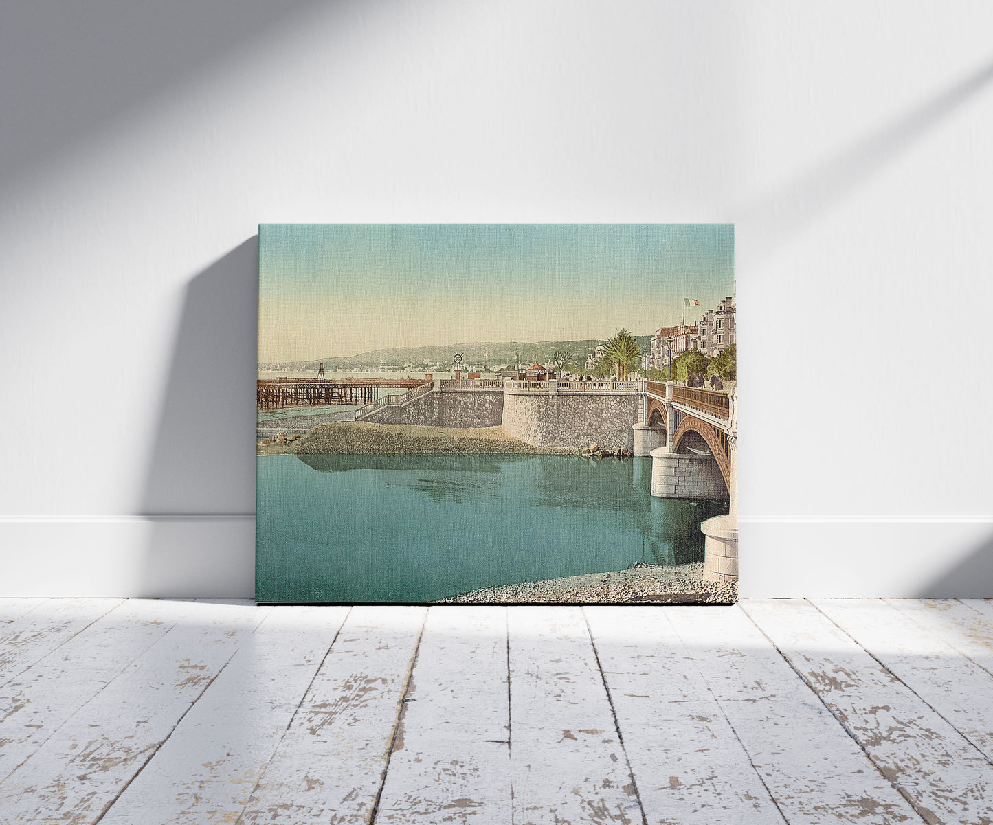 A picture of Pont Napoléon, Nice, France (Riviera), a mockup of the print leaning against a wall