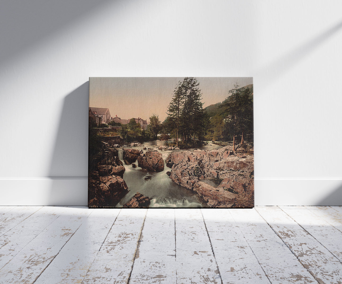 A picture of Pont-y-Pair I, Bettws-y-Coed (i.e. Betws), Wales , a mockup of the print leaning against a wall