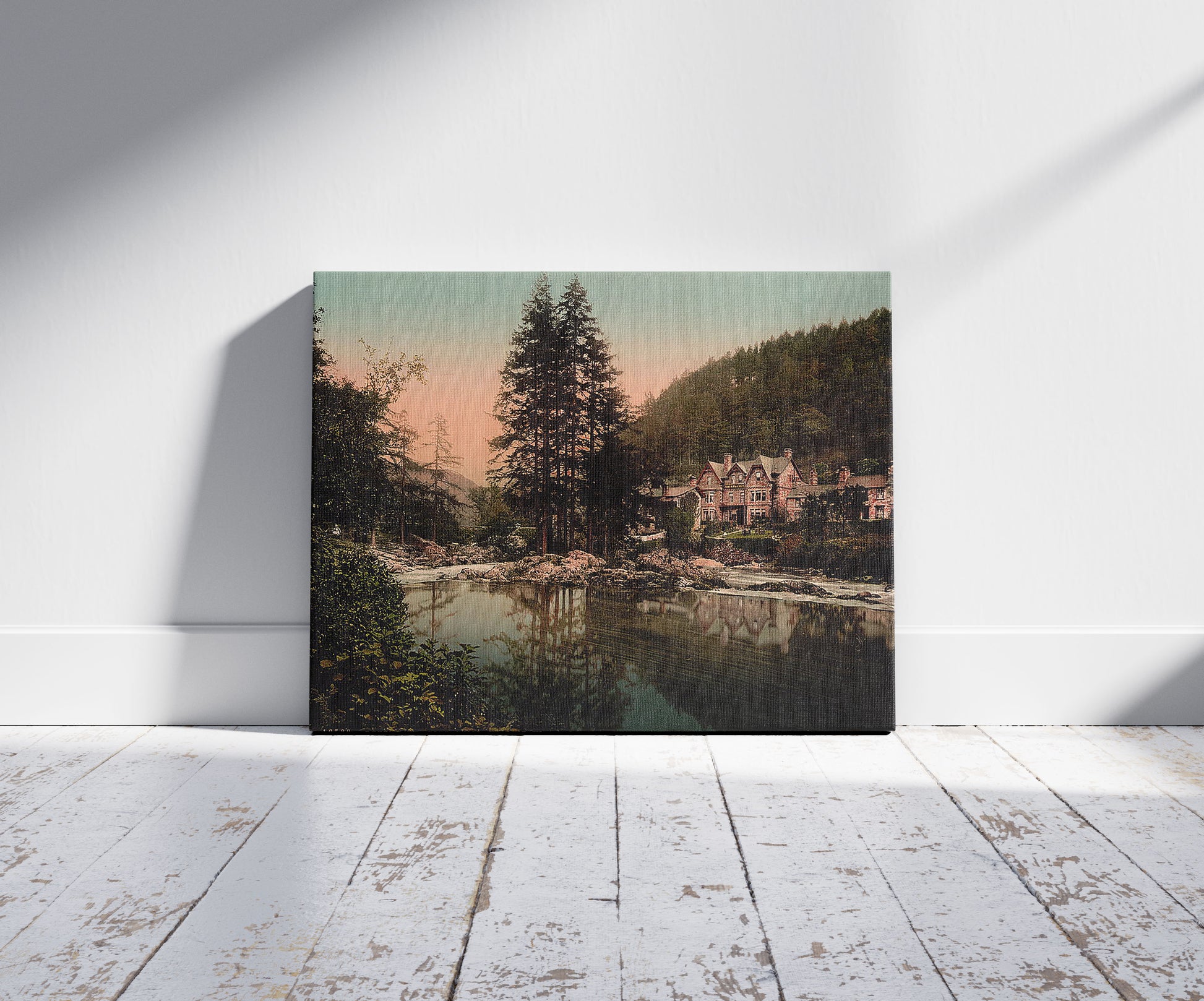 A picture of Pont-y-Pair IV, Bettws-y-Coed (i.e. Betws), Wales, a mockup of the print leaning against a wall