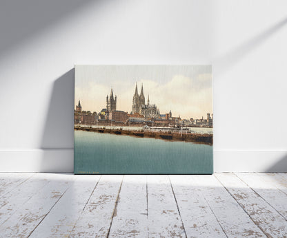 A picture of Pontoon bridge from Deutz, Cologne, the Rhine, Germany, a mockup of the print leaning against a wall