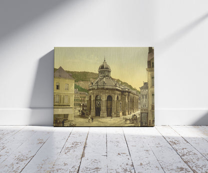 A picture of Pouhon, Spa, Belgium, a mockup of the print leaning against a wall