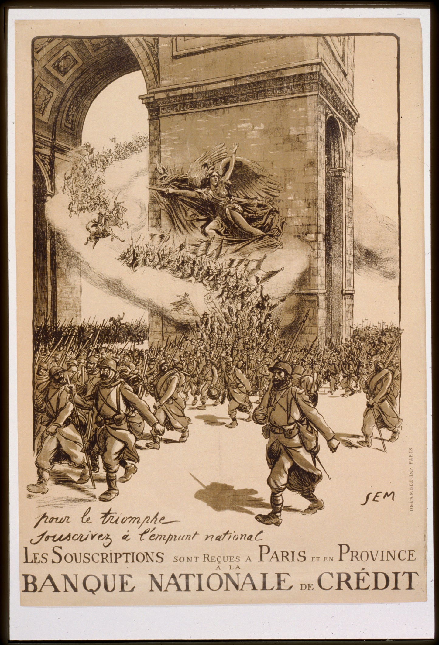 A picture of Pour le triomphe souscrivez à l'emprunt national. Les souscriptions sont reçues à Paris et en Province à la Banque Nationale de Crédit