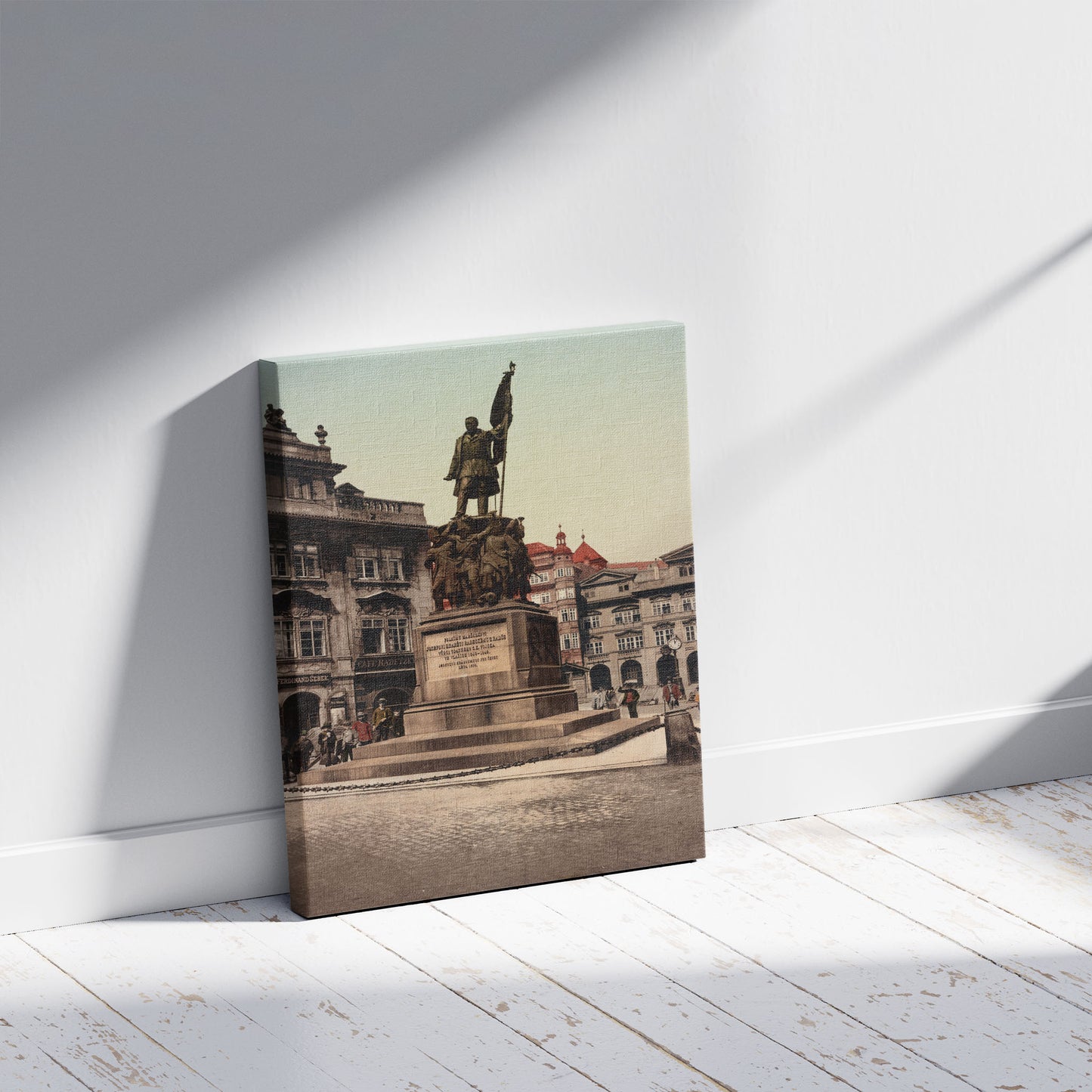 A picture of Prag. Radecky Denkmal, a mockup of the print leaning against a wall