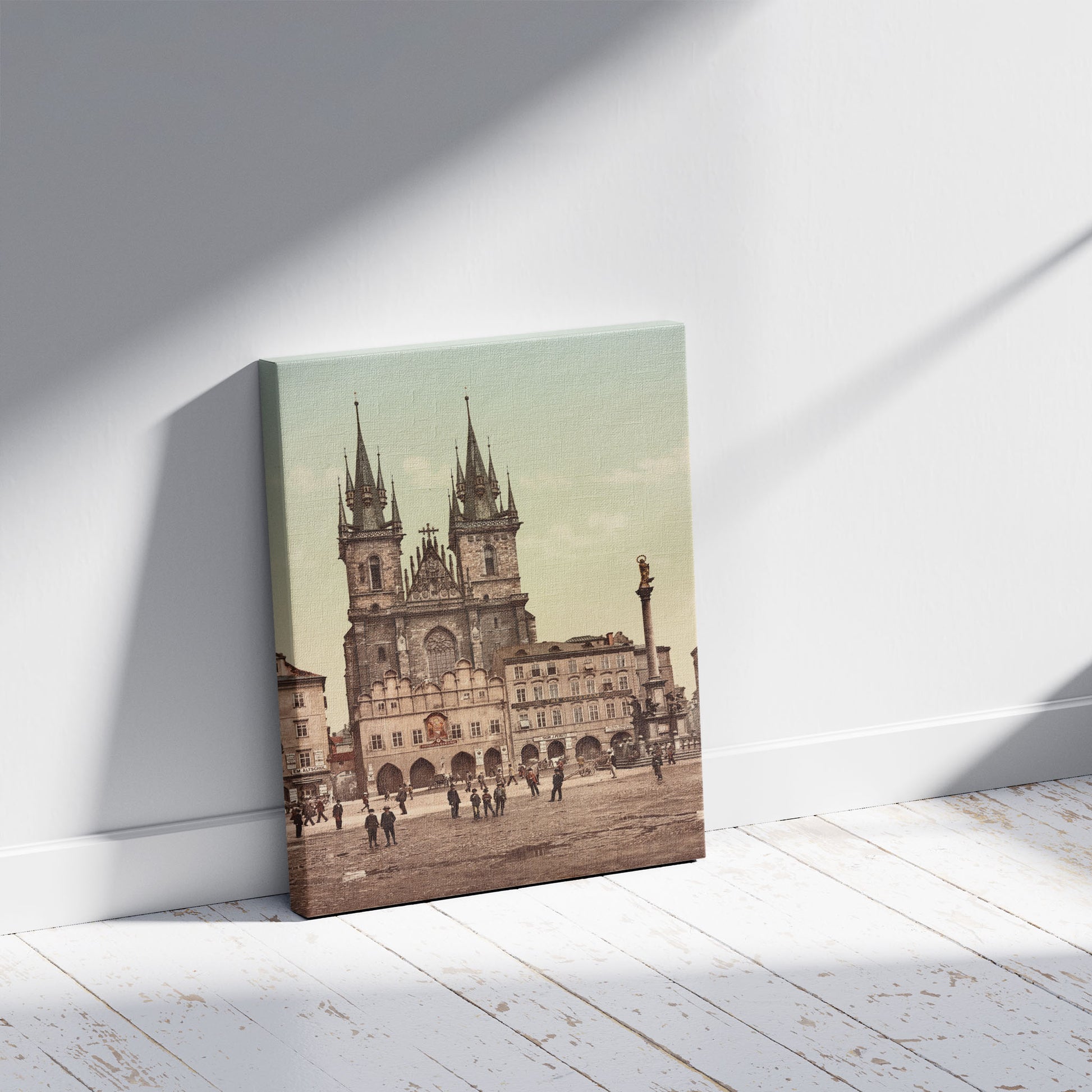 A picture of Prag. Teinkirche, a mockup of the print leaning against a wall