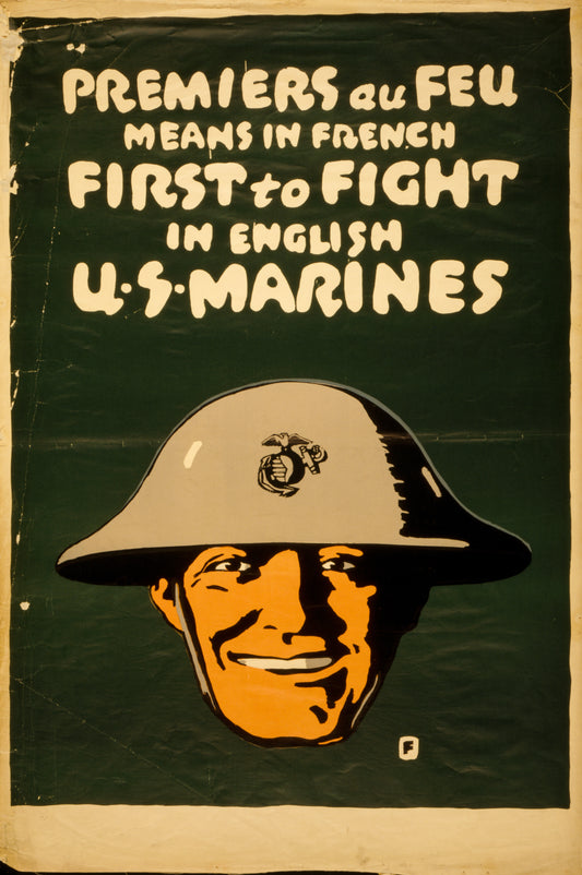 A picture of Premiers au feu means in French first to fight, in English U.S. Marines