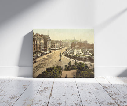 A picture of Princess Street (i.e. Princes Street) and Calton Hill, Edinburgh, Scotland, a mockup of the print leaning against a wall