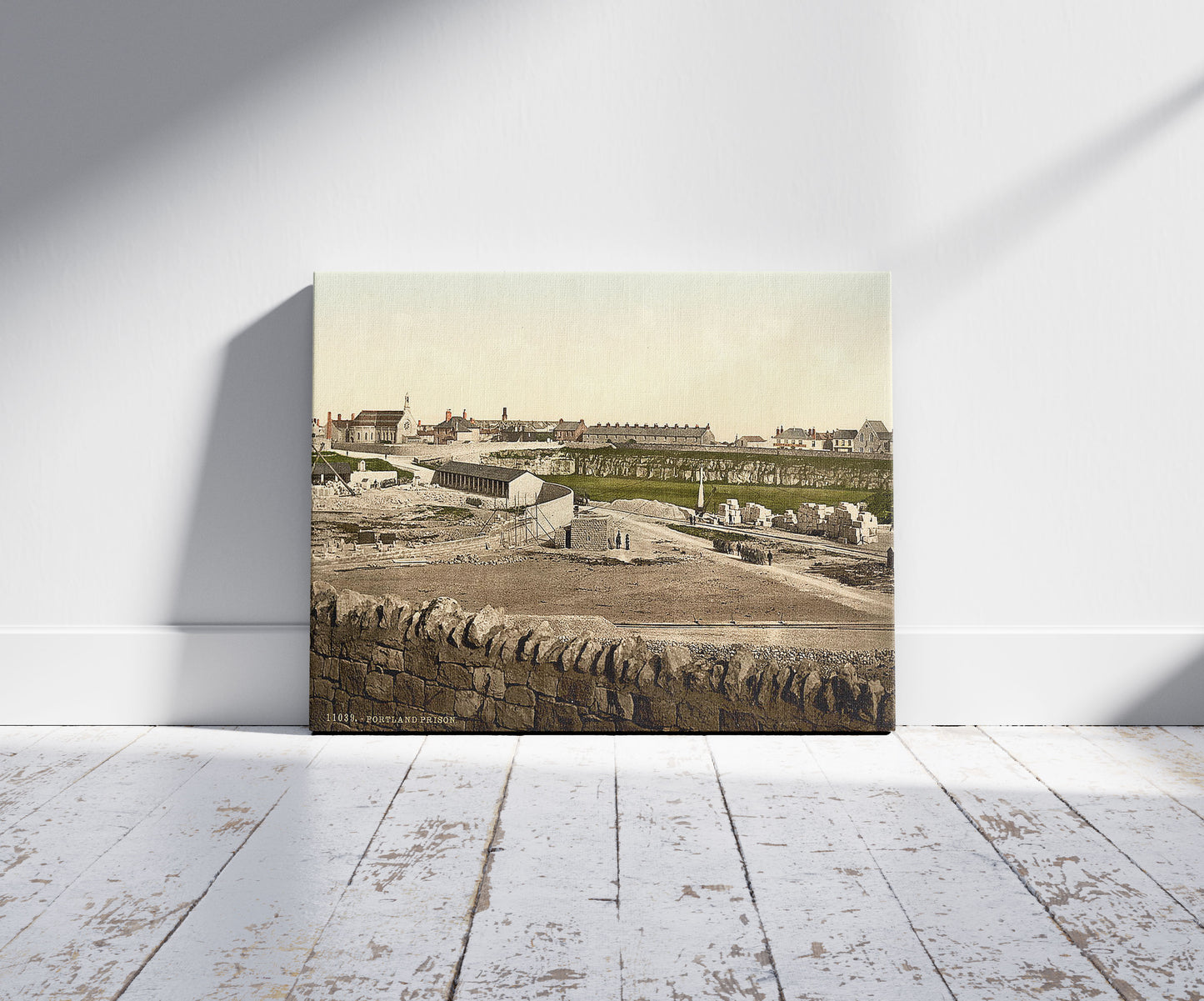 A picture of Prison, Portland, England, a mockup of the print leaning against a wall