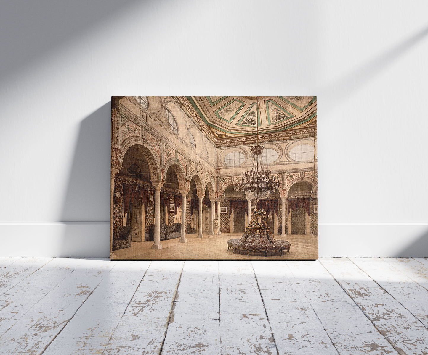 A picture of Private drawing room, II, Kasr-el-Said, Tunisia, a mockup of the print leaning against a wall