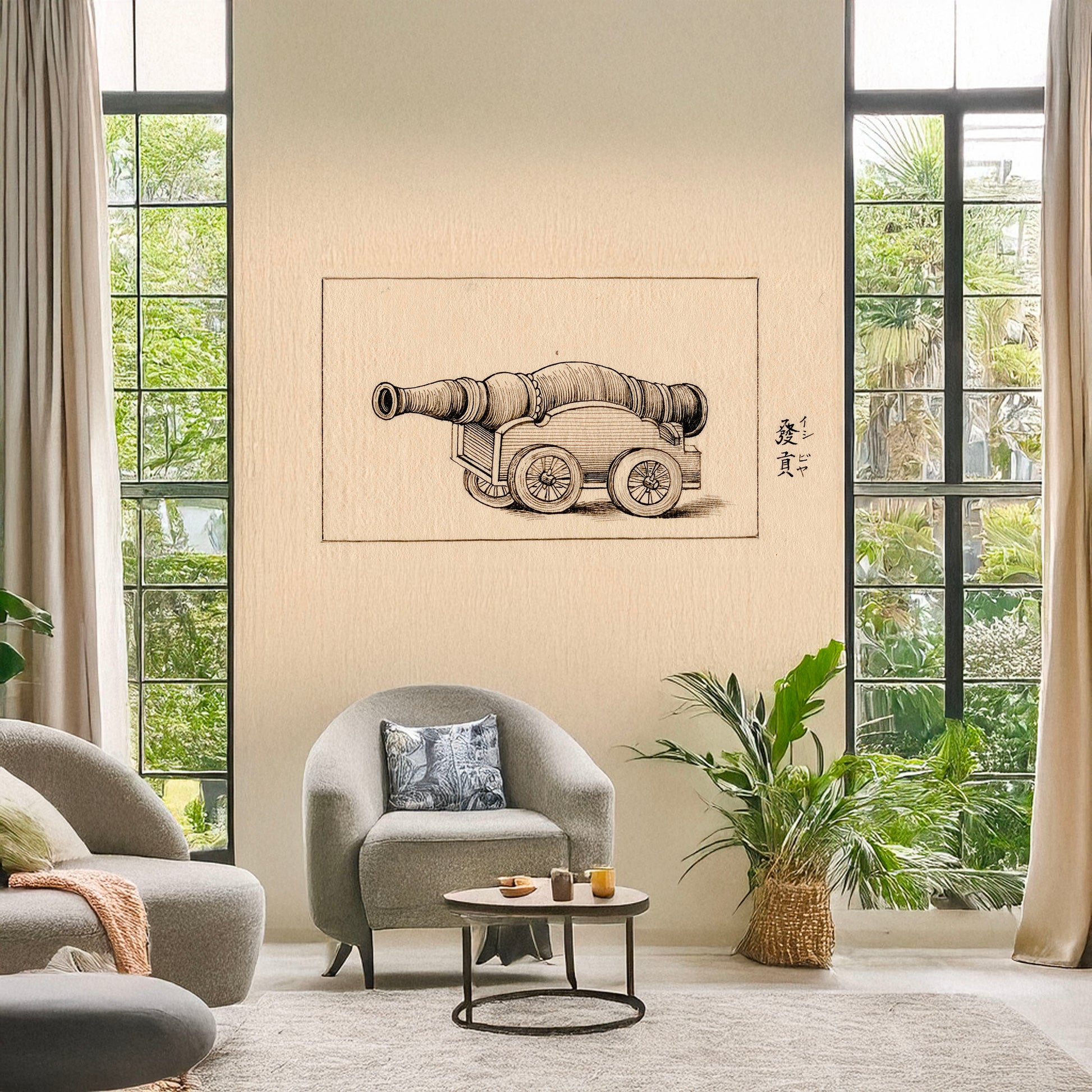 A picture of Profile view of a cannon, a mockup of the print leaning against a wall