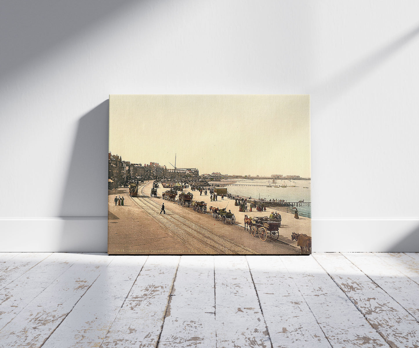 A picture of Promenade, West, Morecambe, England, a mockup of the print leaning against a wall