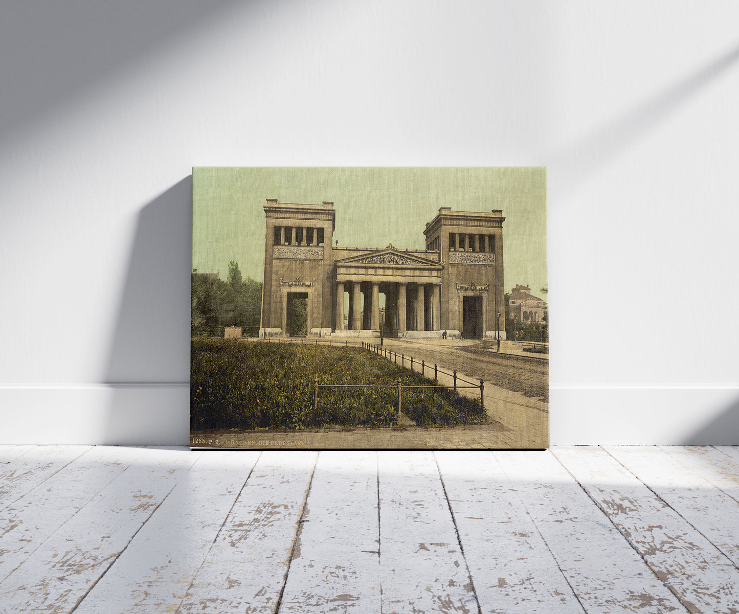 A picture of Propylaea, Munich, Bavaria, Germany, a mockup of the print leaning against a wall