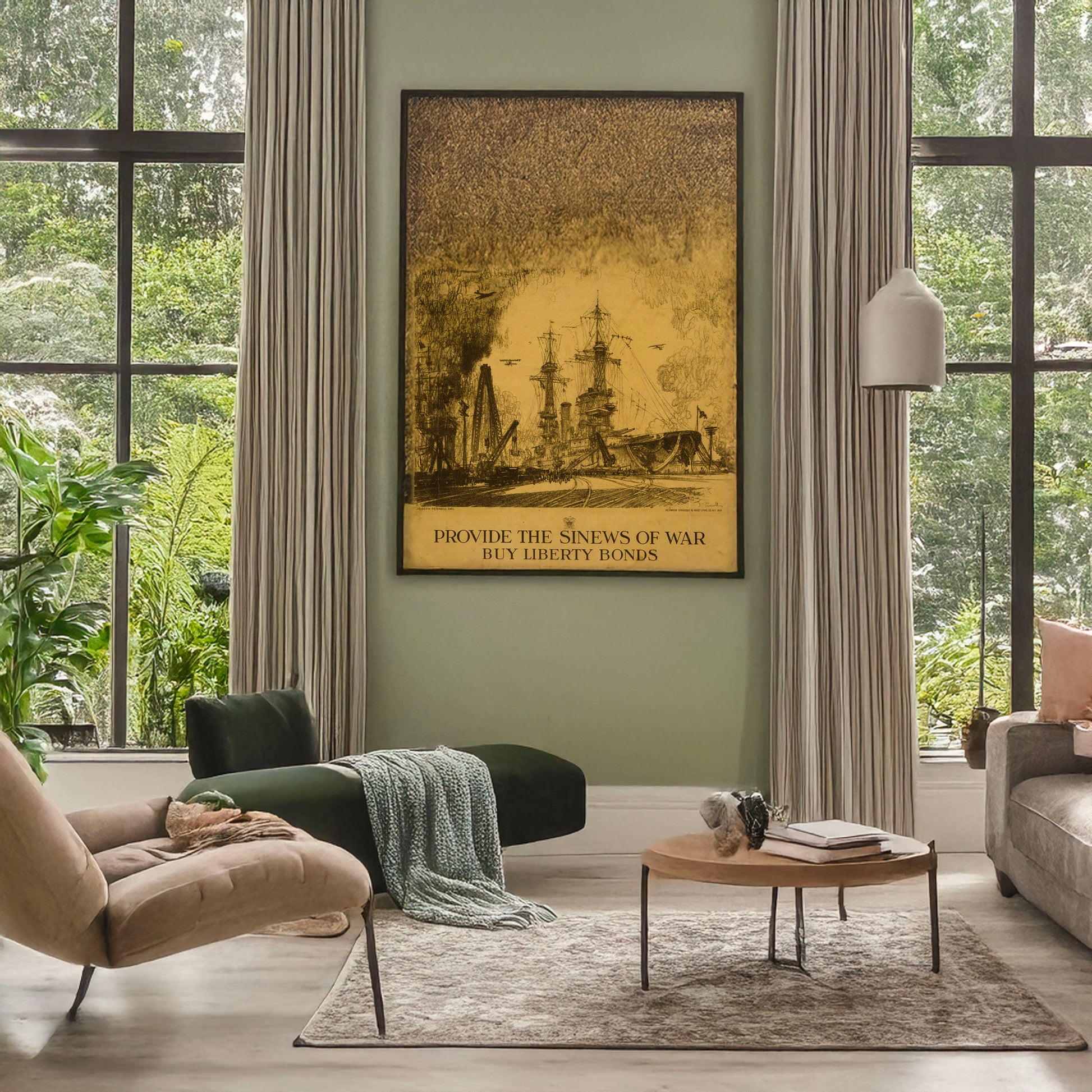 A picture of Provide the sinews of war, buy Liberty Bonds, a mockup of the print leaning against a wall
