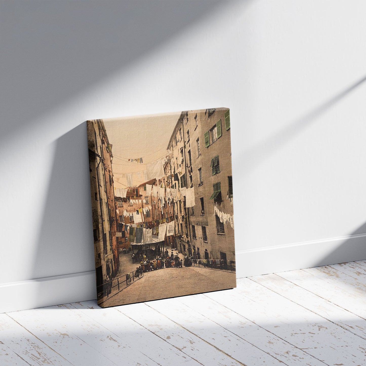 A picture of Public laundry of St. Brigida, Genoa, Italy, a mockup of the print leaning against a wall