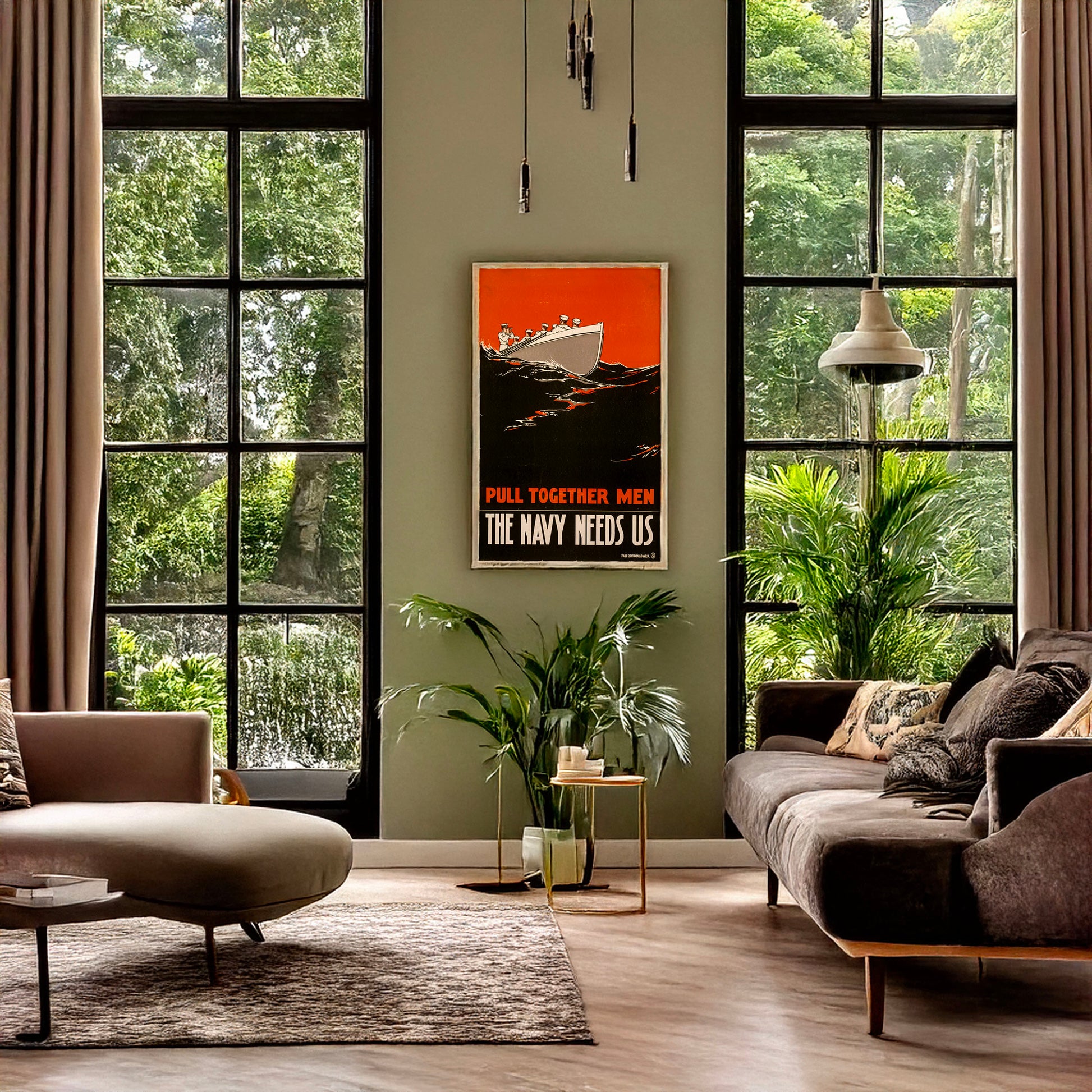 A picture of Pull together men - the Navy needs us, a mockup of the print leaning against a wall