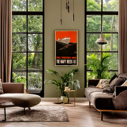 A picture of Pull together men - the Navy needs us, a mockup of the print leaning against a wall