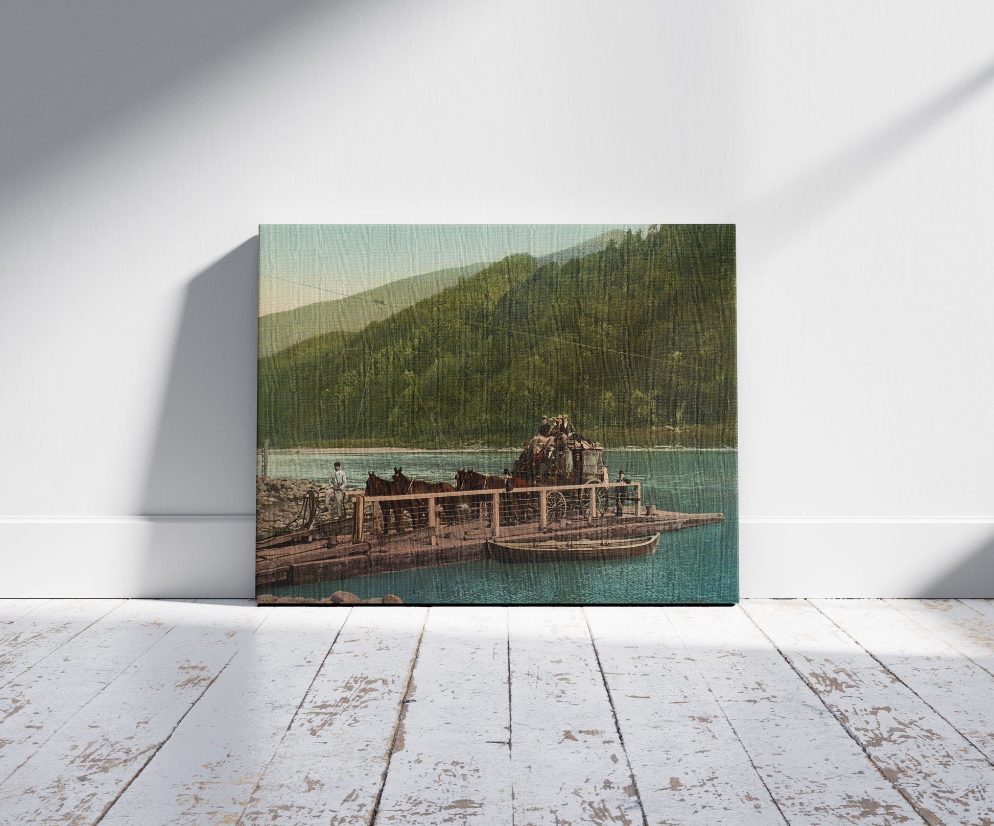 A picture of Punt on Inangahua River, a mockup of the print leaning against a wall