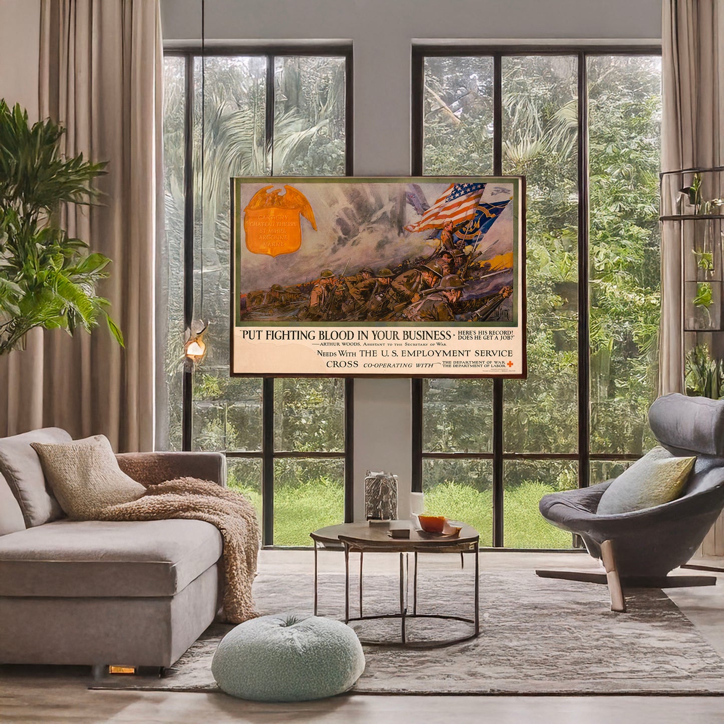 A picture of "Put fighting blood in your business Here's his record! Does he get a job!" --Arthur Woods, Assistant to the Secretary of War /, a mockup of the print leaning against a wall