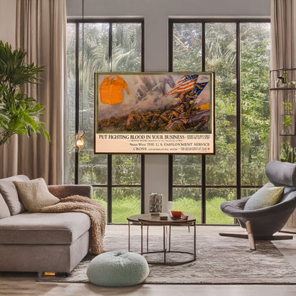 A picture of "Put fighting blood in your business Here's his record! Does he get a job!" --Arthur Woods, Assistant to the Secretary of War /, a mockup of the print leaning against a wall