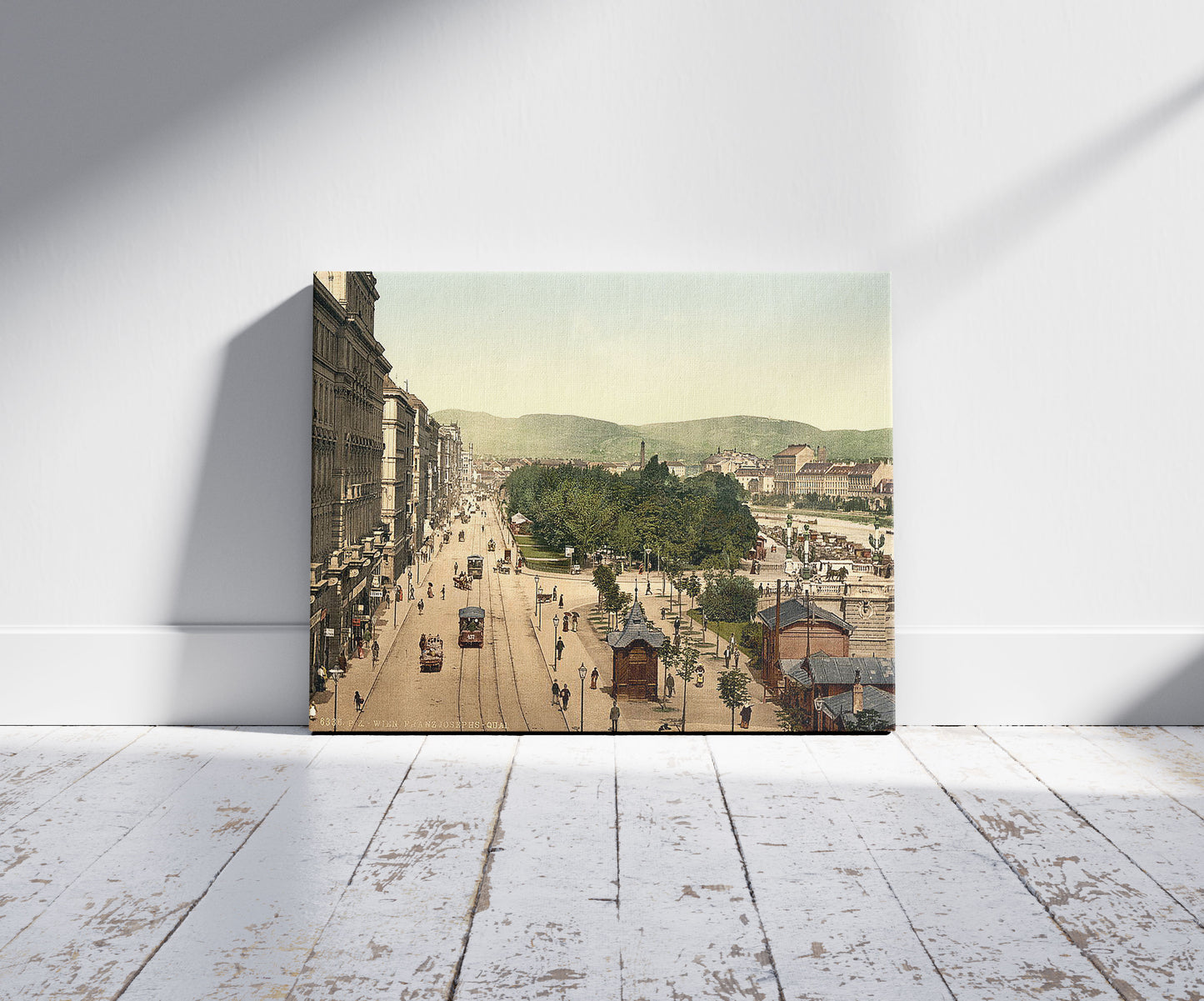 A picture of Quay Francis Joseph, Vienna, Austro-Hungary, a mockup of the print leaning against a wall