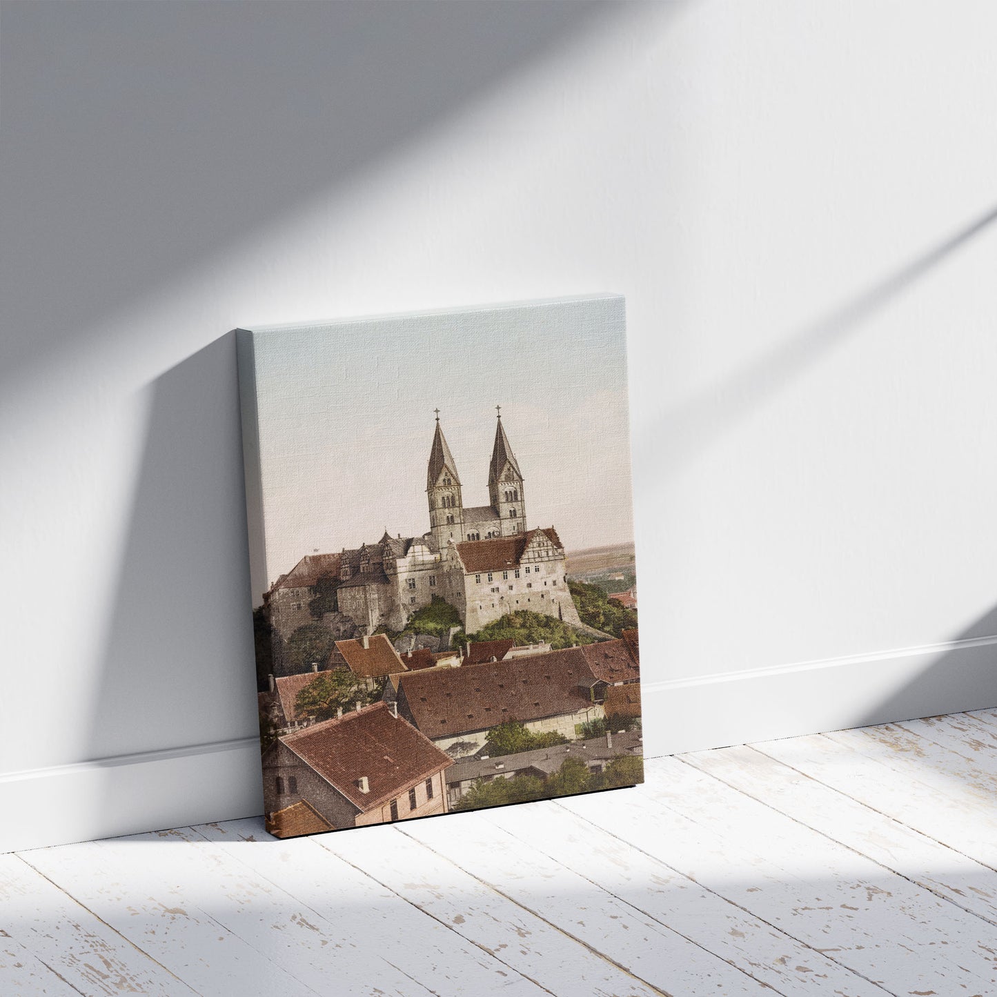 A picture of Quedlinburg A/Harz. Schlosskirche, a mockup of the print leaning against a wall