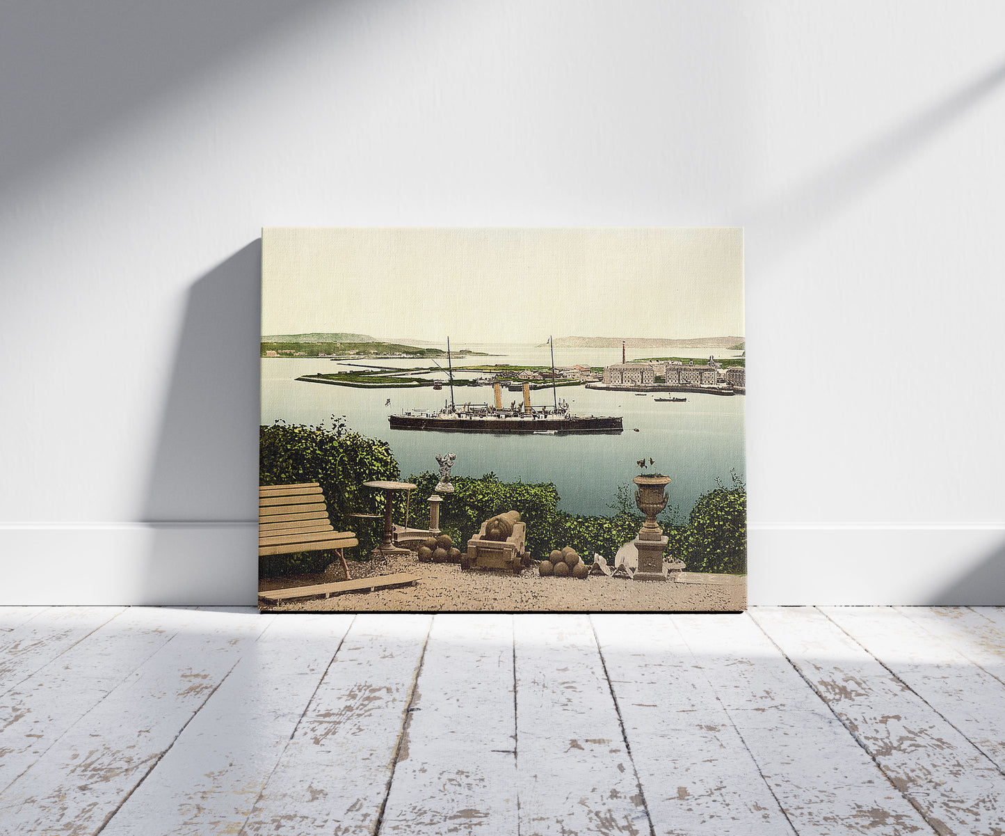 A picture of Queenstown Harbor. County Cork, Ireland, a mockup of the print leaning against a wall