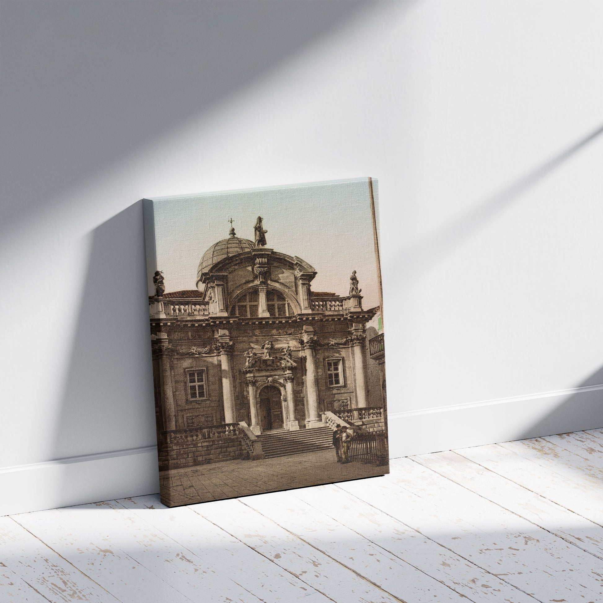 A picture of Ragusa. Chiesa San Biago, a mockup of the print leaning against a wall