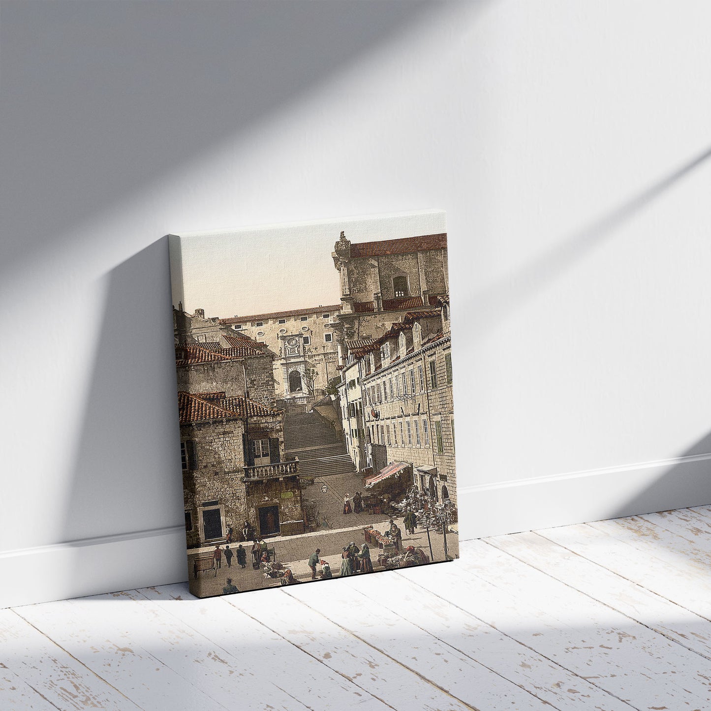 A picture of Ragusa, Jesuit Church and military hospital, Dalmatia, Austro-Hungary, a mockup of the print leaning against a wall