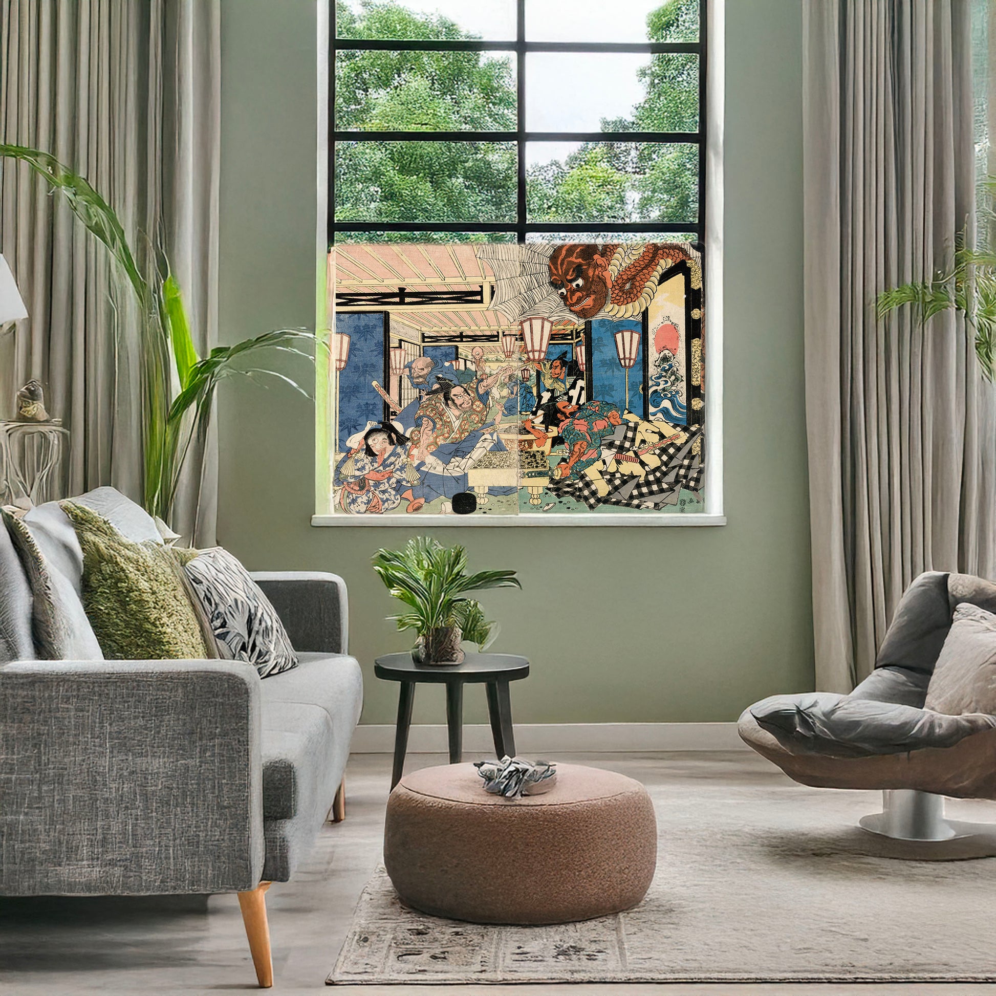 A picture of Raikō shitennō to tsuchigumo, a mockup of the print leaning against a wall