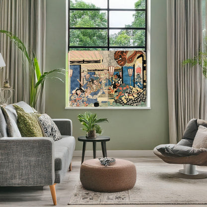 A picture of Raikō shitennō to tsuchigumo, a mockup of the print leaning against a wall