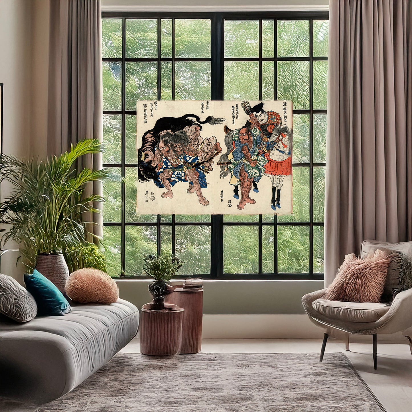 A picture of Raikō sitennō to kidōmaru, a mockup of the print leaning against a wall