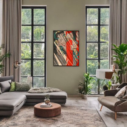A picture of Rajōmon watanabe no tsuna oni ude kiru no zu, a mockup of the print leaning against a wall