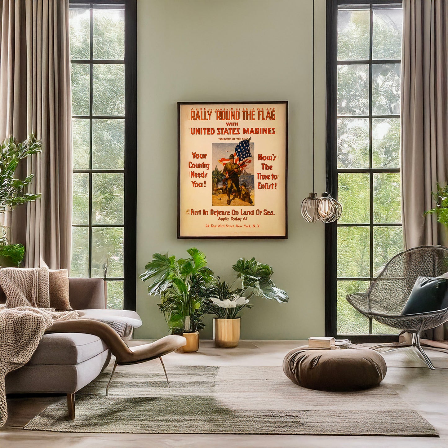 A picture of Rally 'round the flag with United States Marines "Soldiers of the sea" First in defense on land or sea /, a mockup of the print leaning against a wall